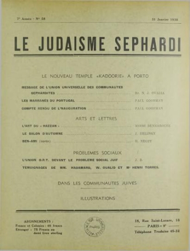 Le Judaïsme Sephardi N°58 (31 janvier 1938)